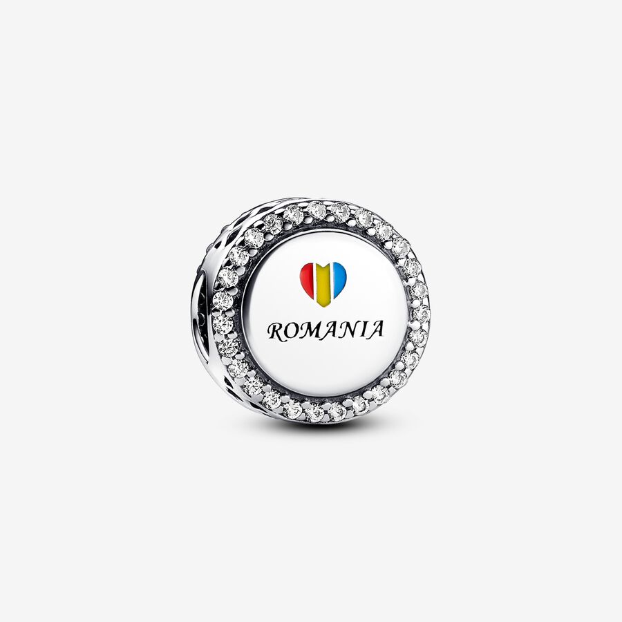 Romania couple sterling silver charm with clear cubic zirconia, red, black, blue and yellow enamel image number 0